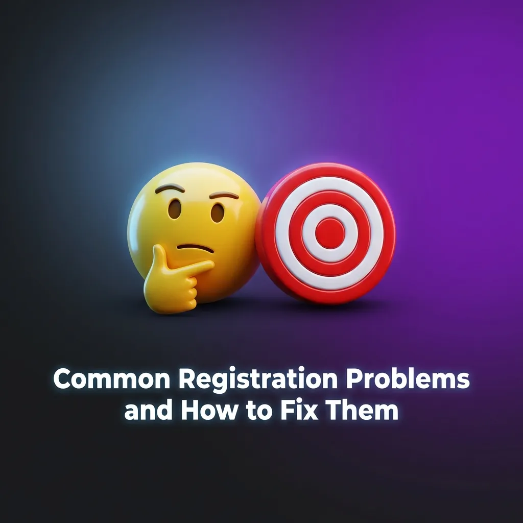Troubleshooting guide showing common registration problems with solutions for form submission, verification, and account access