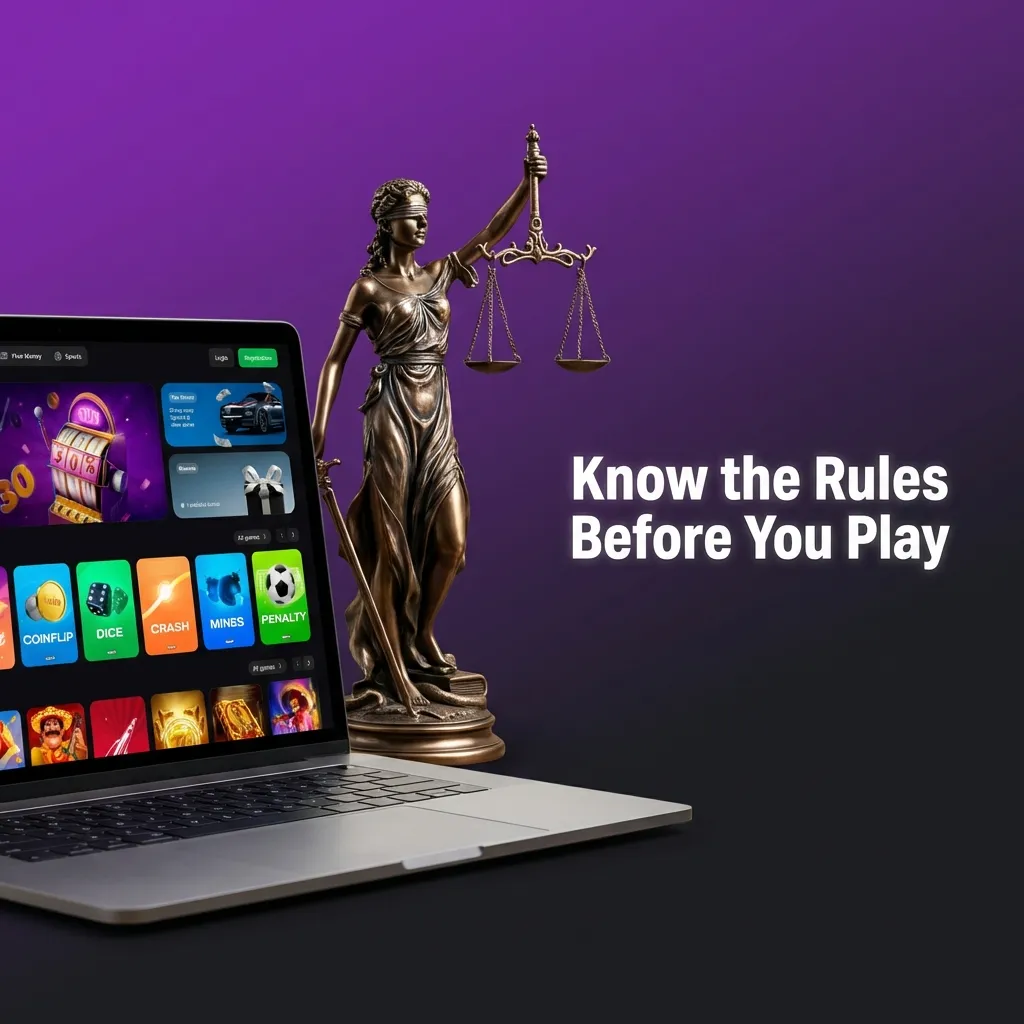 Platform rules infographic showing age requirement, single account policy, verification, bonus terms, and fair play guidelines.