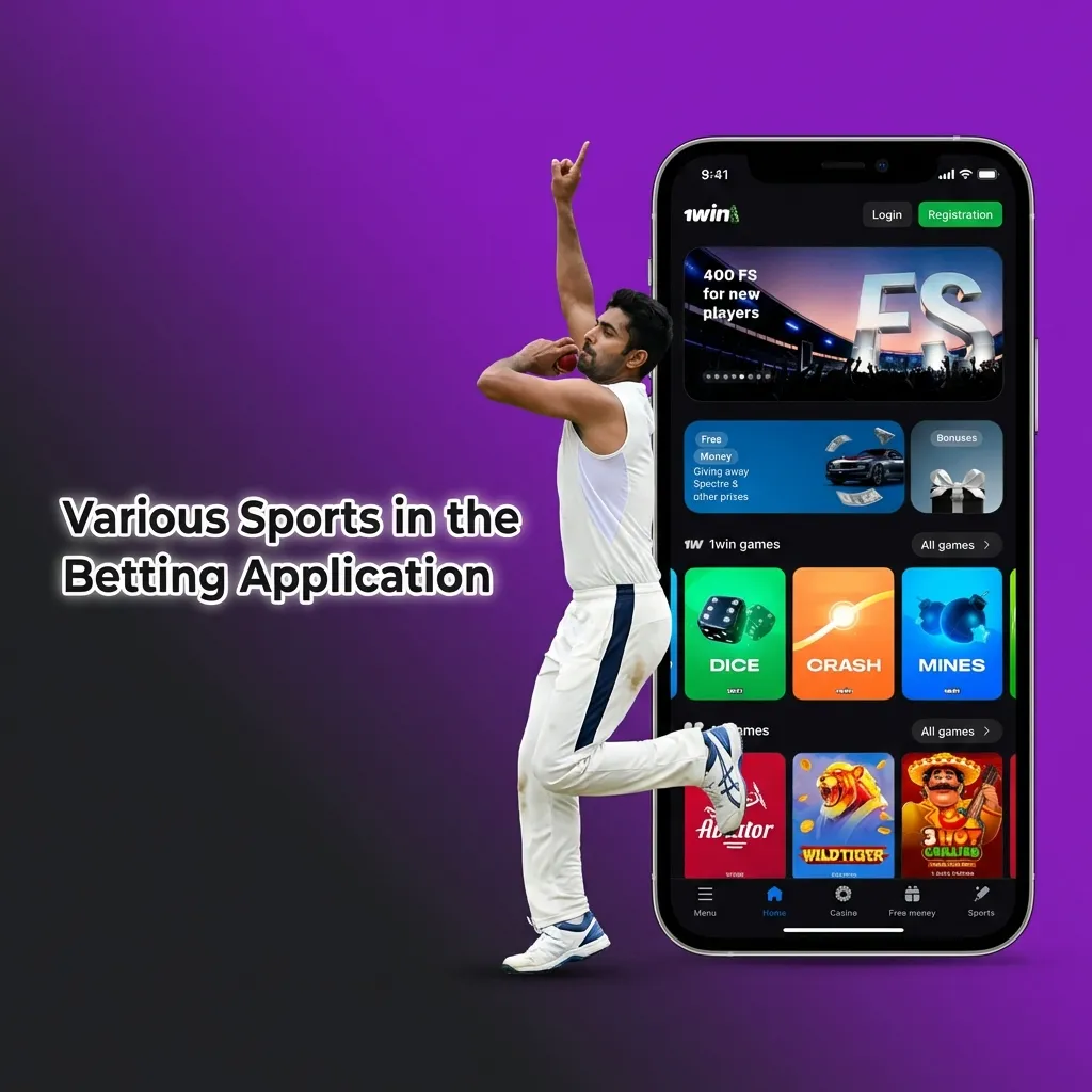 Smartphone displaying sports betting app interface with multiple sports icons including cricket, football, and basketball