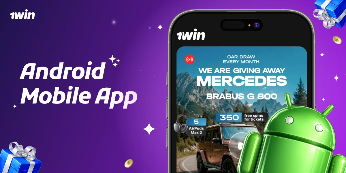 Android Mobile App banner with smartphone showing 1win interface, green Android robot and giveaway text on purple background