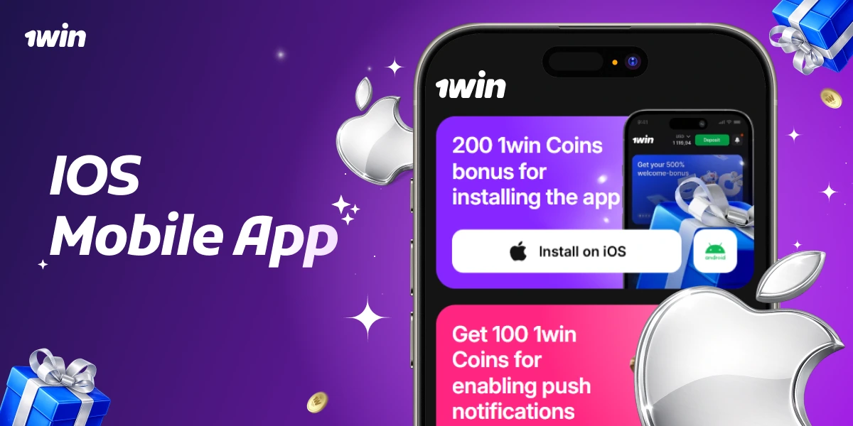iOS Mobile App card with iPhone displaying 1win app, Apple logo and text about bonus coins for installation