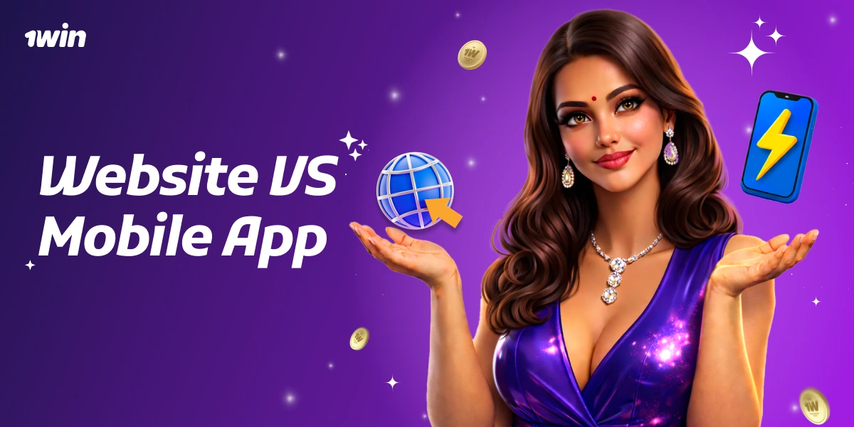 Website US Mobile App card with female character presenting smartphone with 1win website, lightning and globe icons