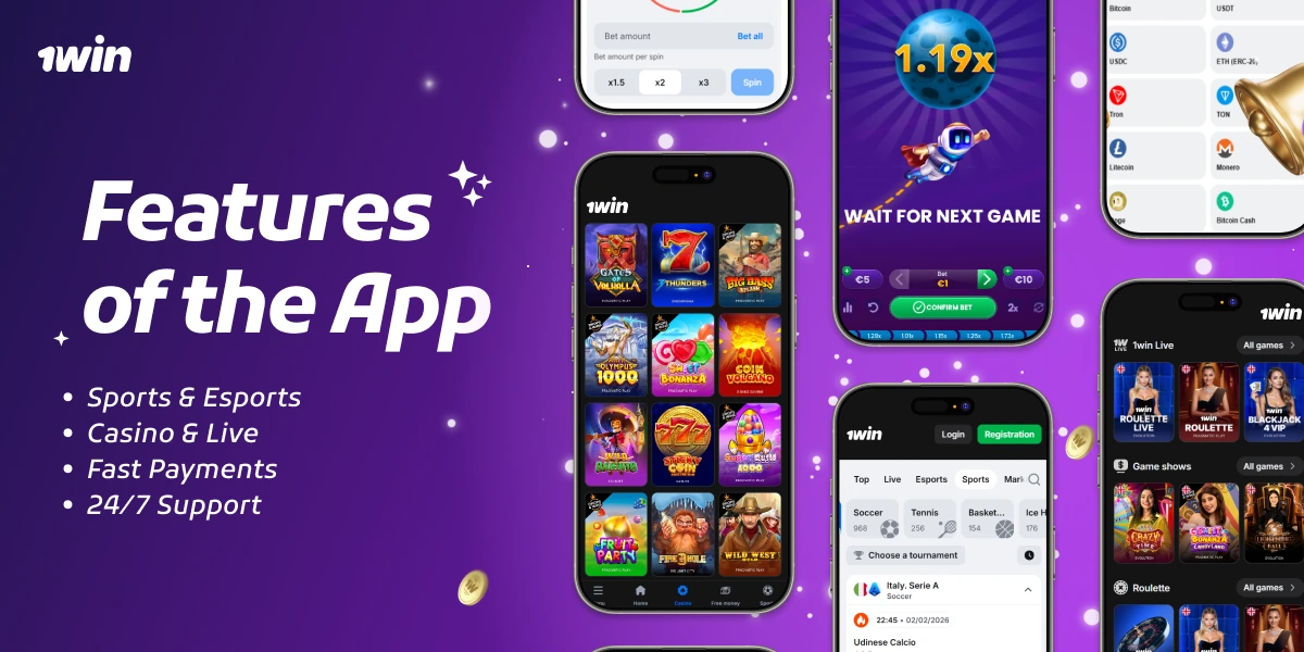 Features of the App showing smartphones with 1win games, list of features including Sports & Esports and Casino Live