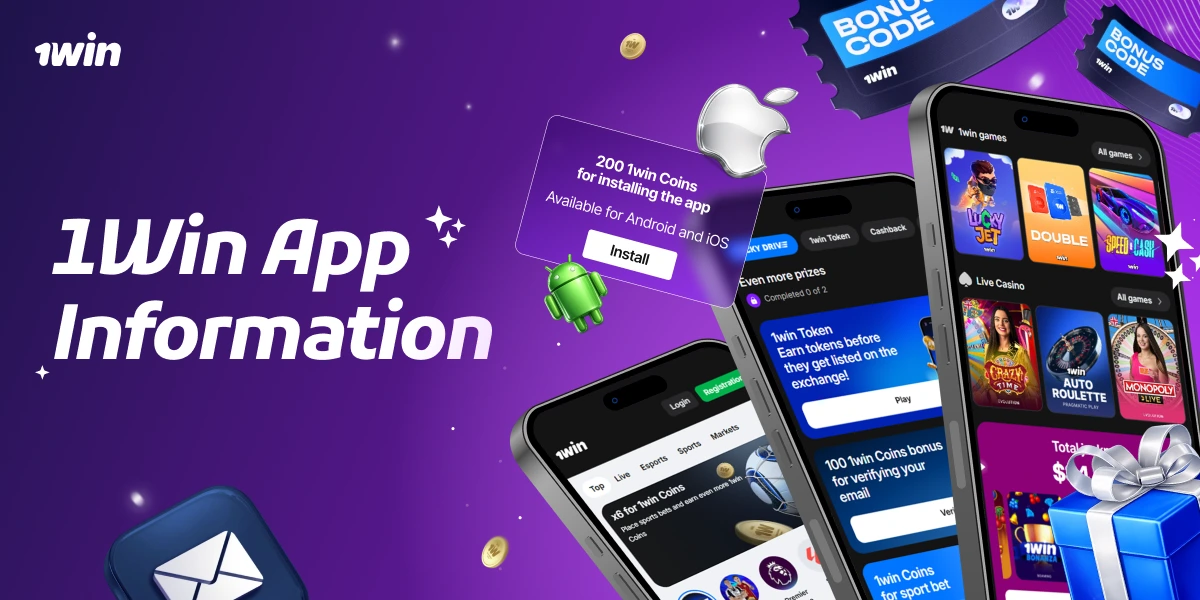 1Win App Information card with multiple smartphones showing 1win app screens, gift boxes, Android and iOS icons