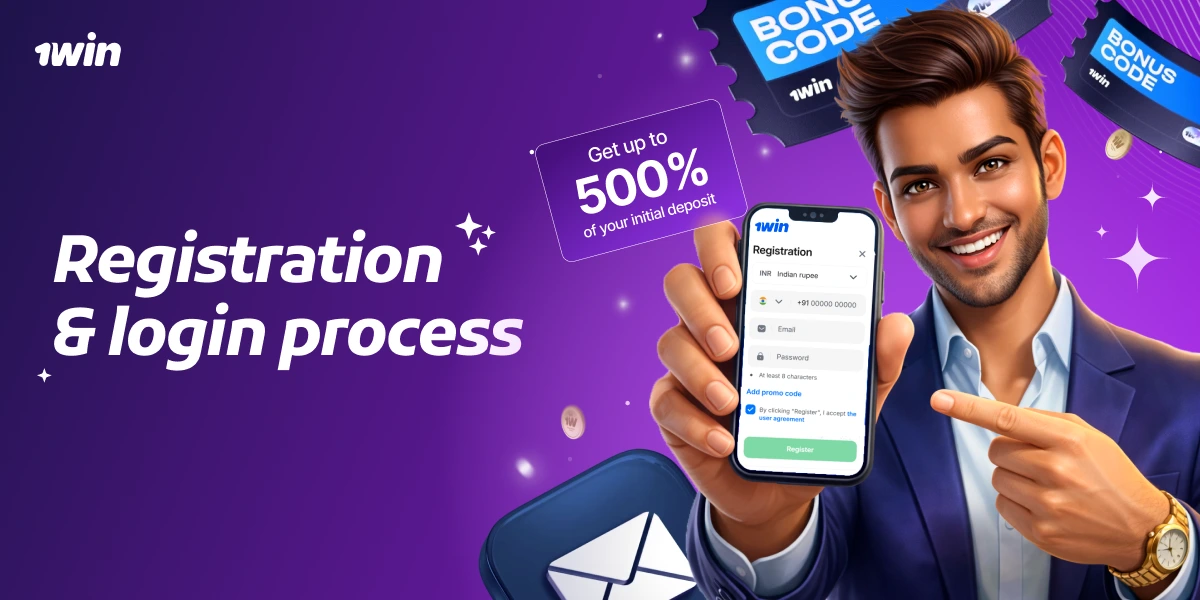 Registration and login process card with male character pointing at smartphone showing 1win sign up form and 500% bonus text
