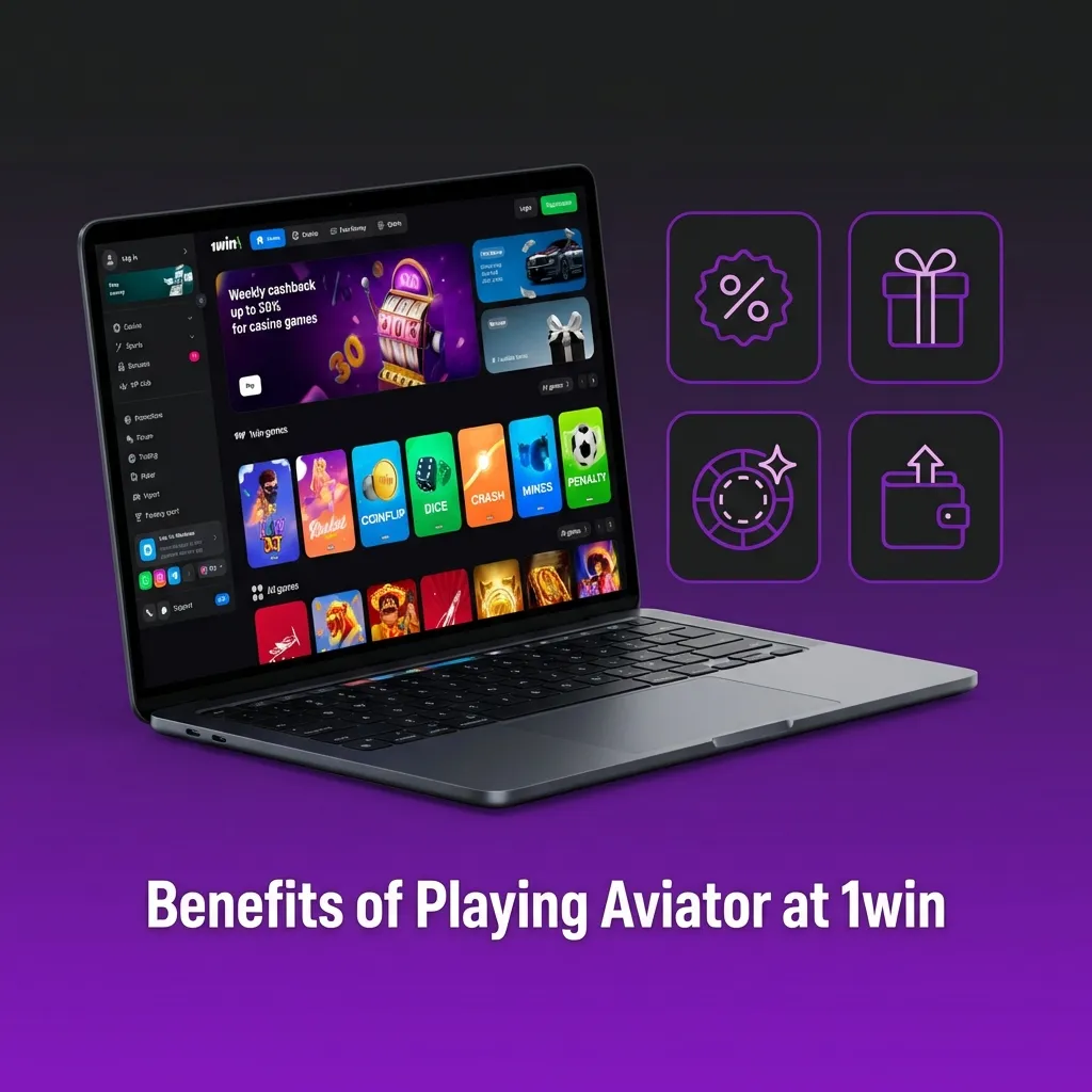 Screenshot showing 1win Aviator game benefits including 97% RTP, welcome bonus, low minimum bet, and fast withdrawal options