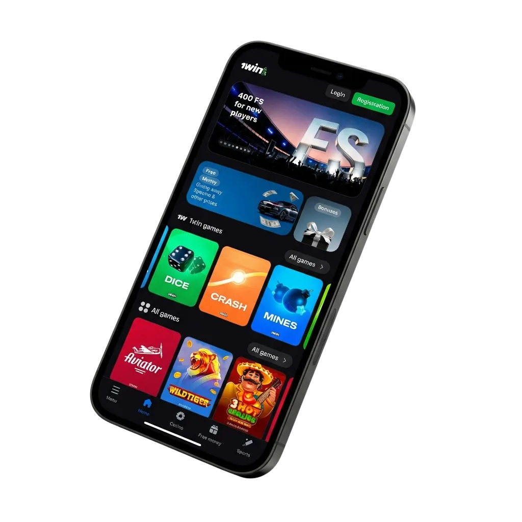 1win mobile app download interface showing Android APK and iOS options with betting features and bonus offer